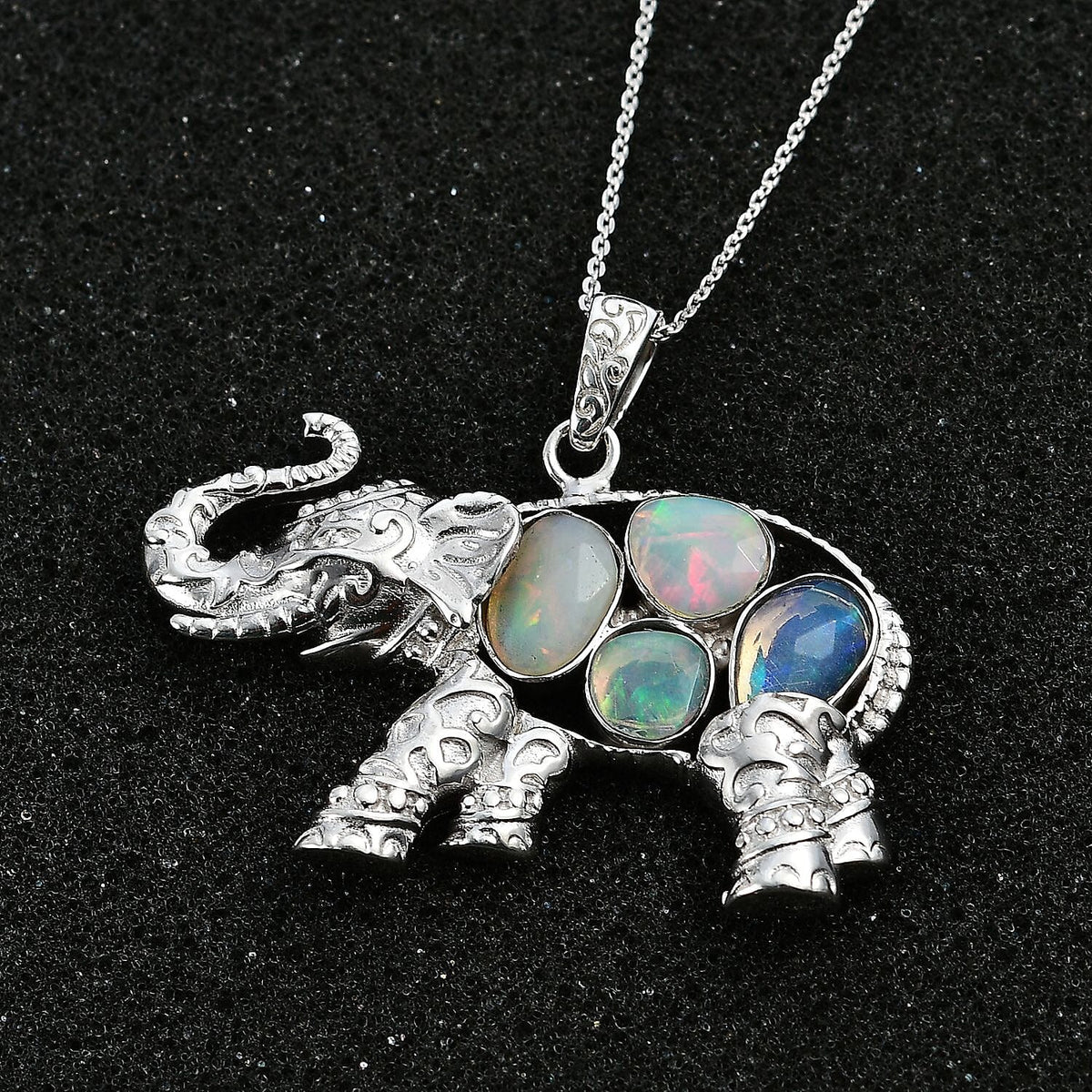 Ethiopian Opal Elephant Pendant with Chain (Size 20) in Rhodium Overlay Sterling Silver  Wt. 9.4 Gms 1.420  Ct. 4294473 4