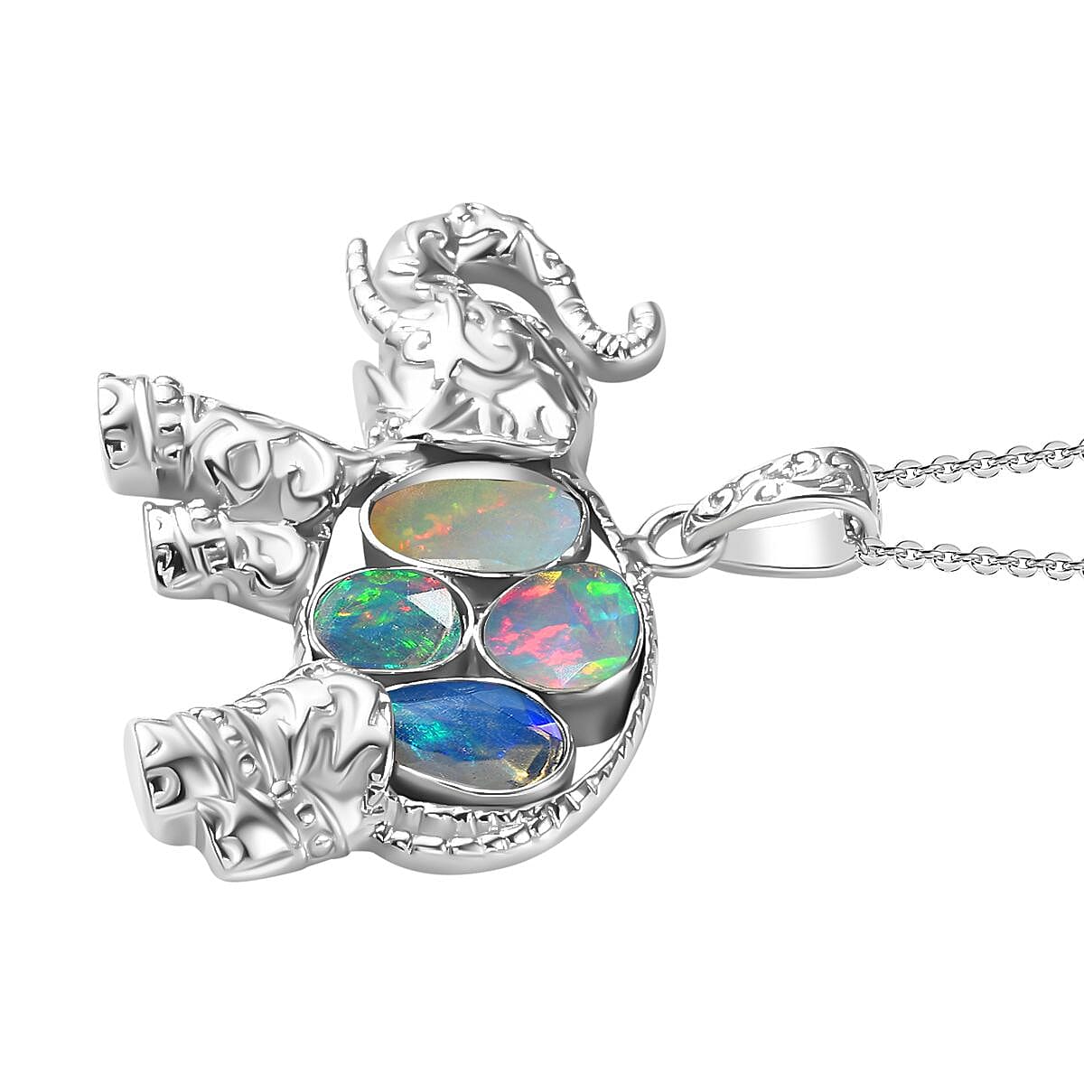 Ethiopian Opal Elephant Pendant with Chain (Size 20) in Rhodium Overlay Sterling Silver  Wt. 9.4 Gms 1.420  Ct. 4294473 5