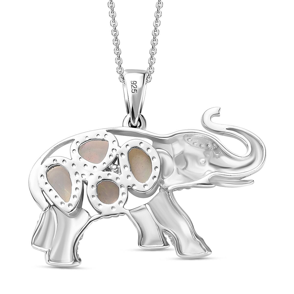 Ethiopian Opal Elephant Pendant with Chain (Size 20) in Rhodium Overlay Sterling Silver  Wt. 9.4 Gms 1.420  Ct. 4294473 6