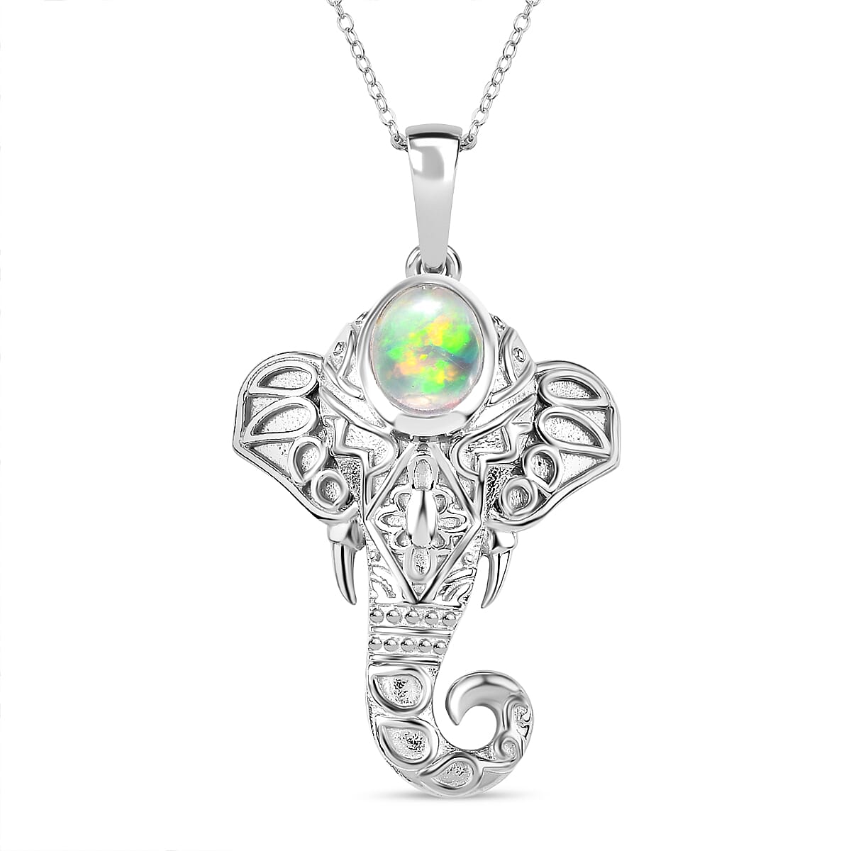 Ethiopian Opal Elephant Pendant with Chain (Size 20) in Rhodium Overlay Sterling Silver 1.18 ct. 4294907 0