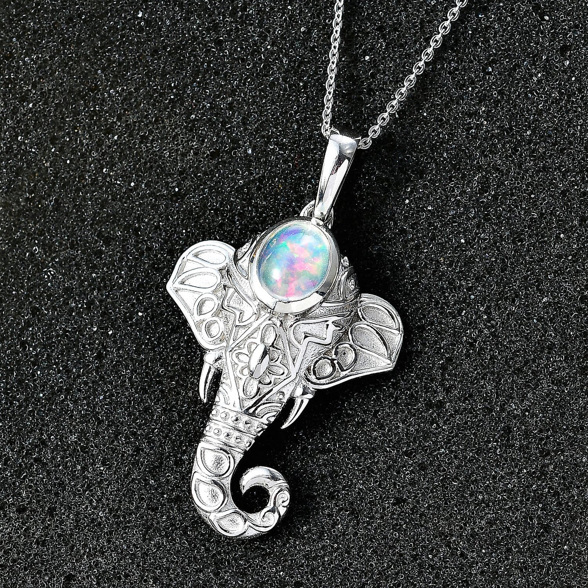 Ethiopian Opal Elephant Pendant with Chain (Size 20) in Rhodium Overlay Sterling Silver 1.18 ct. 4294907 2