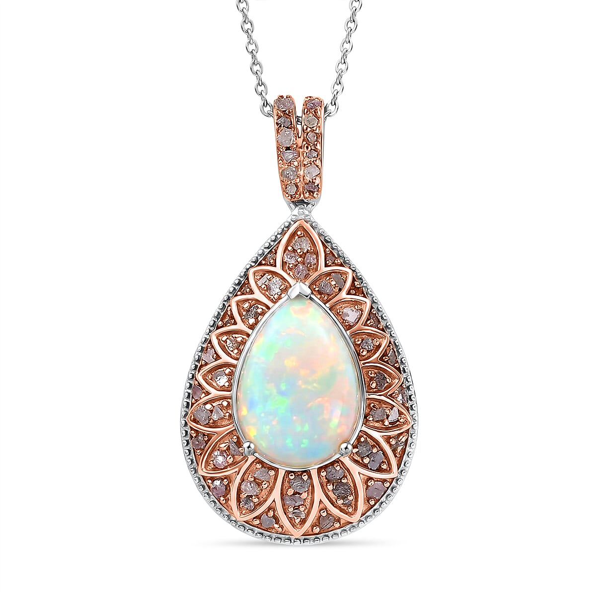 Couture Collection - AAA Natural Ethiopian Opal (3.75ct) &amp; Natural Pink Diamond (0.52ct) Floral Halo Pendant with Chain (Size 20) in Rhodium Overlay and Rose Gold Overlay Sterling Silver 4.27 Ct 4457970 0