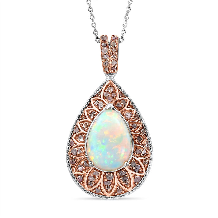Couture Collection - AAA Natural Ethiopian Opal (3.75ct) &amp; Natural Pink Diamond (0.52ct) Floral Halo Pendant with Chain (Size 20) in Rhodium Overlay and Rose Gold Overlay Sterling Silver 4.27 Ct 4457970 1