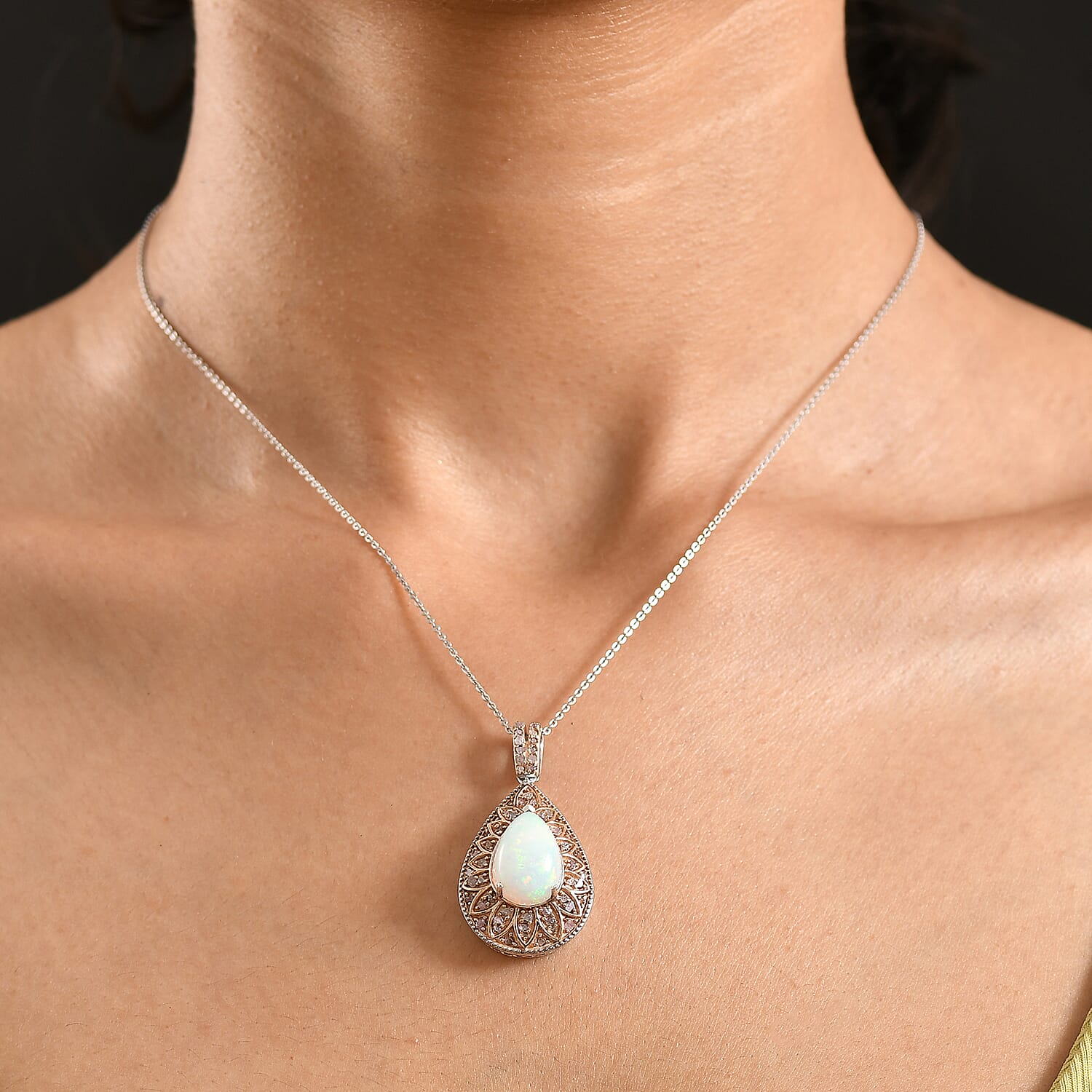 Couture Collection - AAA Natural Ethiopian Opal (3.75ct) &amp; Natural Pink Diamond (0.52ct) Floral Halo Pendant with Chain (Size 20) in Rhodium Overlay and Rose Gold Overlay Sterling Silver 4.27 Ct 4457970 2