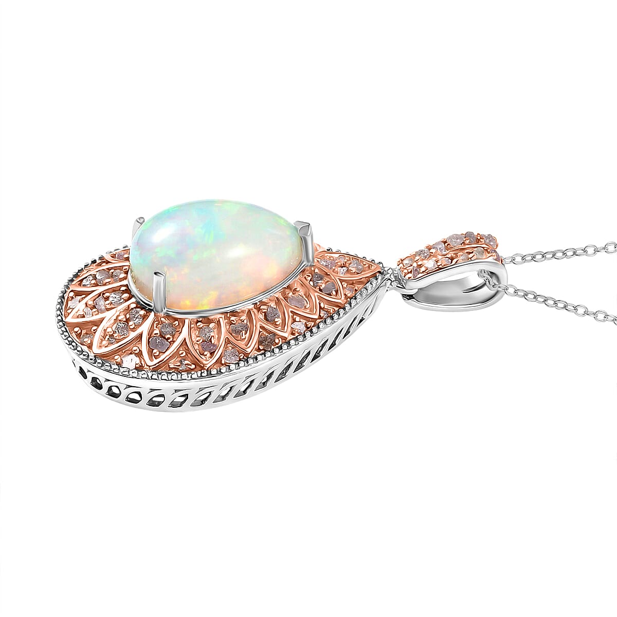 Couture Collection - AAA Natural Ethiopian Opal (3.75ct) &amp; Natural Pink Diamond (0.52ct) Floral Halo Pendant with Chain (Size 20) in Rhodium Overlay and Rose Gold Overlay Sterling Silver 4.27 Ct 4457970 4