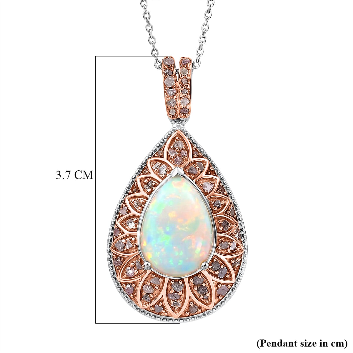 Couture Collection - AAA Natural Ethiopian Opal (3.75ct) &amp; Natural Pink Diamond (0.52ct) Floral Halo Pendant with Chain (Size 20) in Rhodium Overlay and Rose Gold Overlay Sterling Silver 4.27 Ct 4457970 6