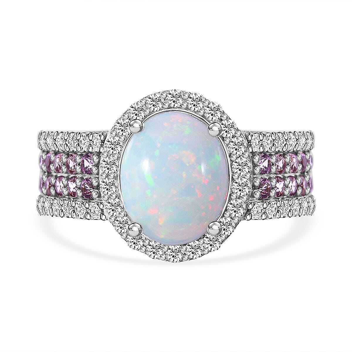 Ethiopian Welo Opal, Pink Sapphire and Natural Zircon Oval Cut Halo Ring in Rhodium Overlay Sterling Silver 3.82 Ct 7257089 0