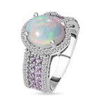 Ethiopian Welo Opal, Pink Sapphire and Natural Zircon Oval Cut Halo Ring in Rhodium Overlay Sterling Silver 3.82 Ct