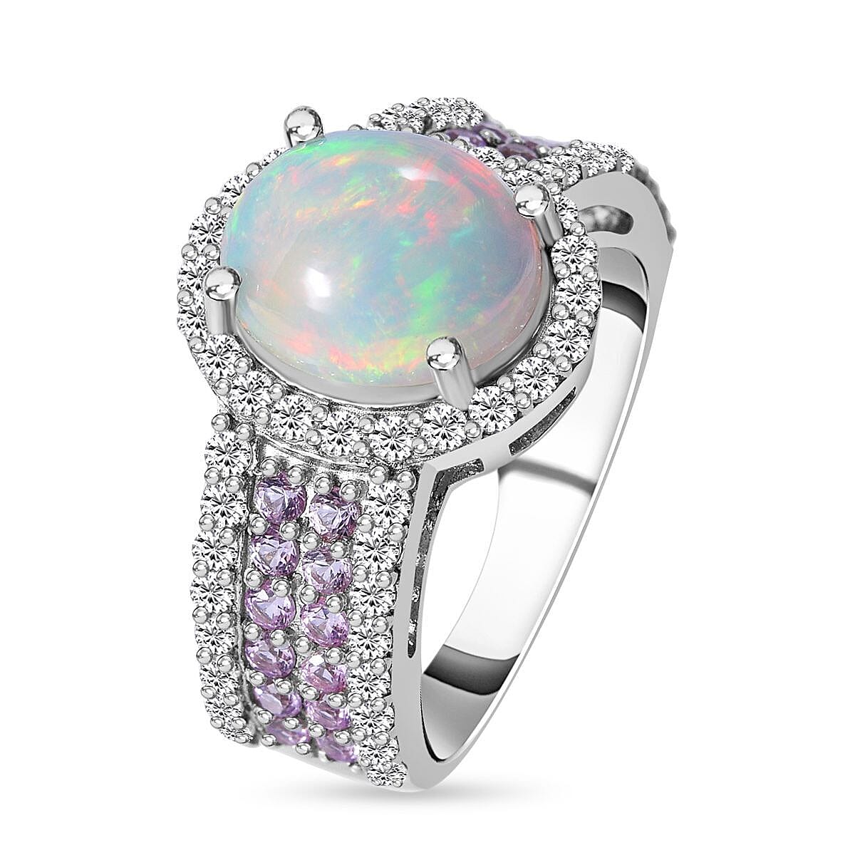 Ethiopian Welo Opal, Pink Sapphire and Natural Zircon Oval Cut Halo Ring in Rhodium Overlay Sterling Silver 3.82 Ct 7257089 7
