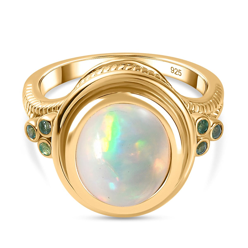 Ethiopian Opal & Premium Emerald Ring in 18K Vermeil Yellow Gold Plated Sterling Silver 2.72 Ct