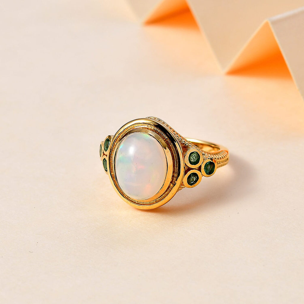 Ethiopian Opal & Premium Emerald Ring in 18K Vermeil Yellow Gold Plated Sterling Silver 2.72 Ct