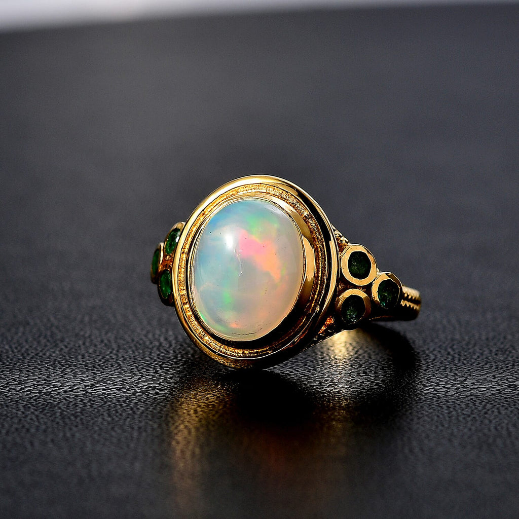 Ethiopian Opal & Premium Emerald Ring in 18K Vermeil Yellow Gold Plated Sterling Silver 2.72 Ct