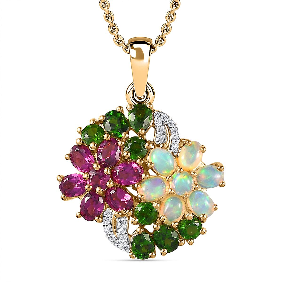 Ethiopian Welo Opal, Rhodolite Garnet, Chrome Diopside &amp; Zircon Floral Pendant with Chain (Size 20) in 18K Yellow Gold Vermeil Plated Sterling Silver 3.5 Ct, Silver Wt 6.42 GM 4267030 0
