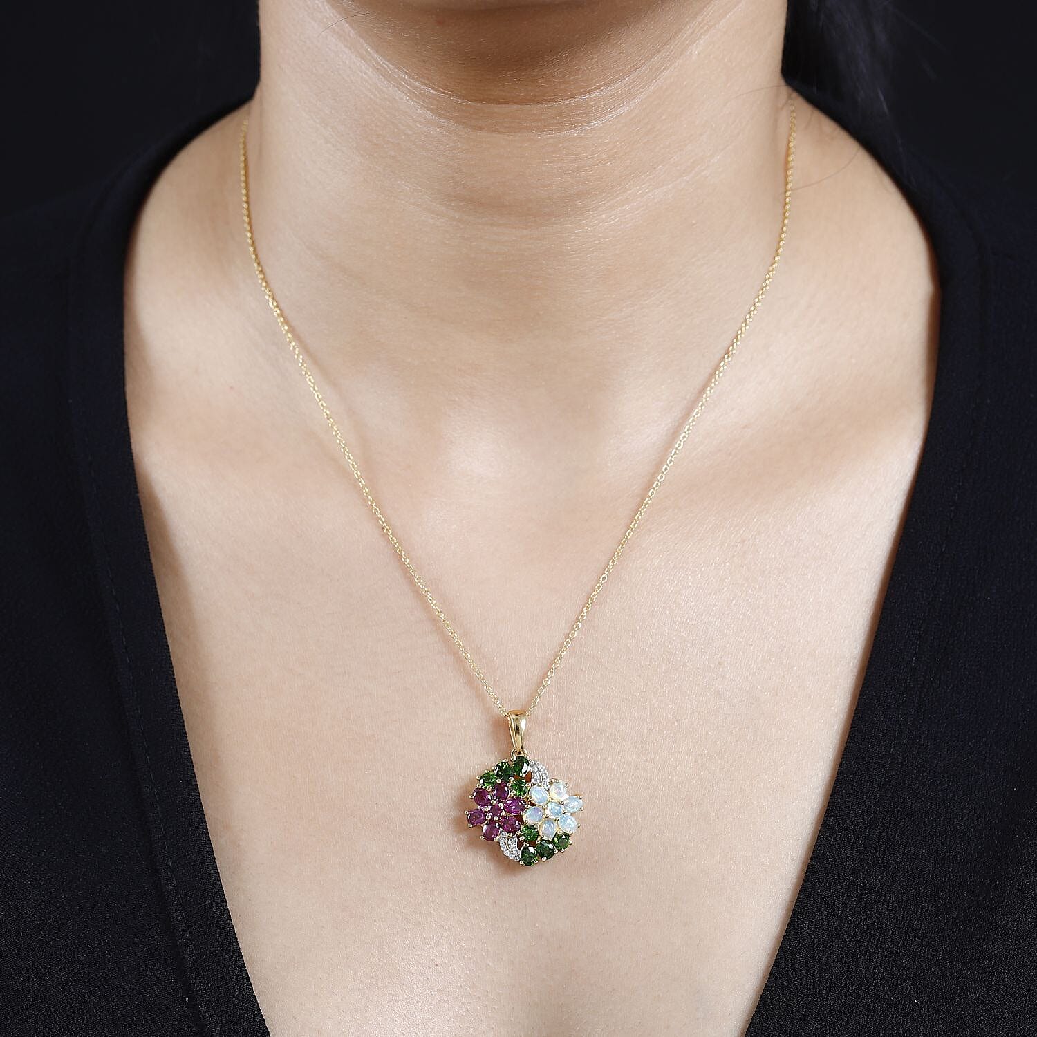 Ethiopian Welo Opal, Rhodolite Garnet, Chrome Diopside &amp; Zircon Floral Pendant with Chain (Size 20) in 18K Yellow Gold Vermeil Plated Sterling Silver 3.5 Ct, Silver Wt 6.42 GM 4267030 1
