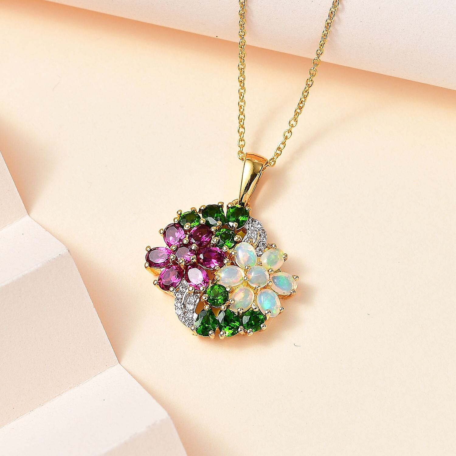 Ethiopian Welo Opal, Rhodolite Garnet, Chrome Diopside &amp; Zircon Floral Pendant with Chain (Size 20) in 18K Yellow Gold Vermeil Plated Sterling Silver 3.5 Ct, Silver Wt 6.42 GM 4267030 2