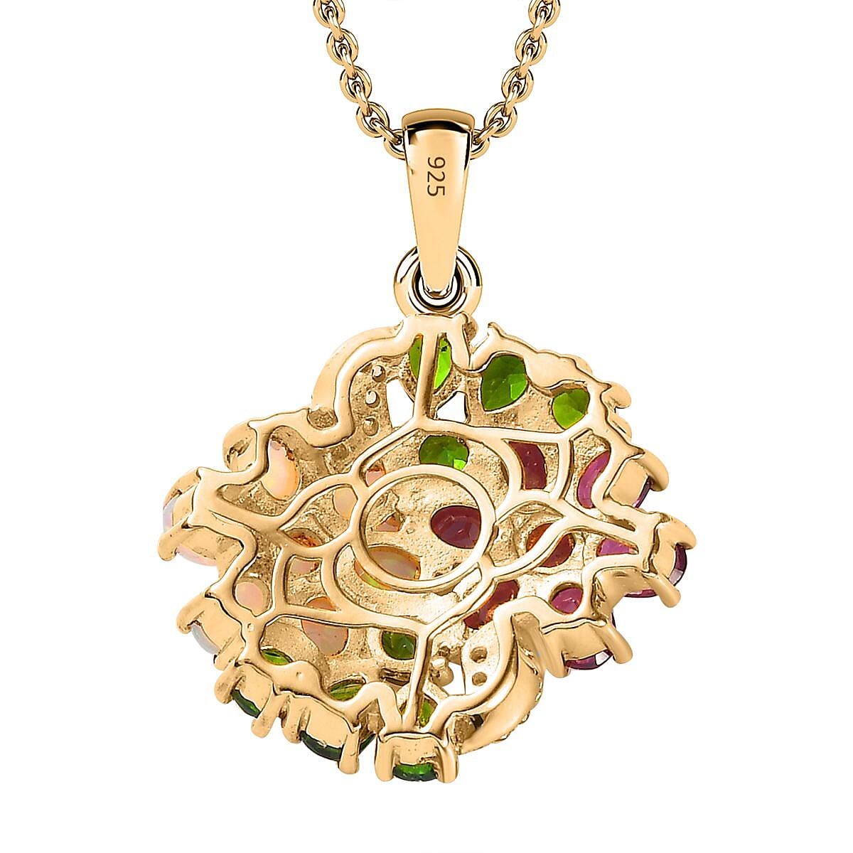 Ethiopian Welo Opal, Rhodolite Garnet, Chrome Diopside &amp; Zircon Floral Pendant with Chain (Size 20) in 18K Yellow Gold Vermeil Plated Sterling Silver 3.5 Ct, Silver Wt 6.42 GM 4267030 4
