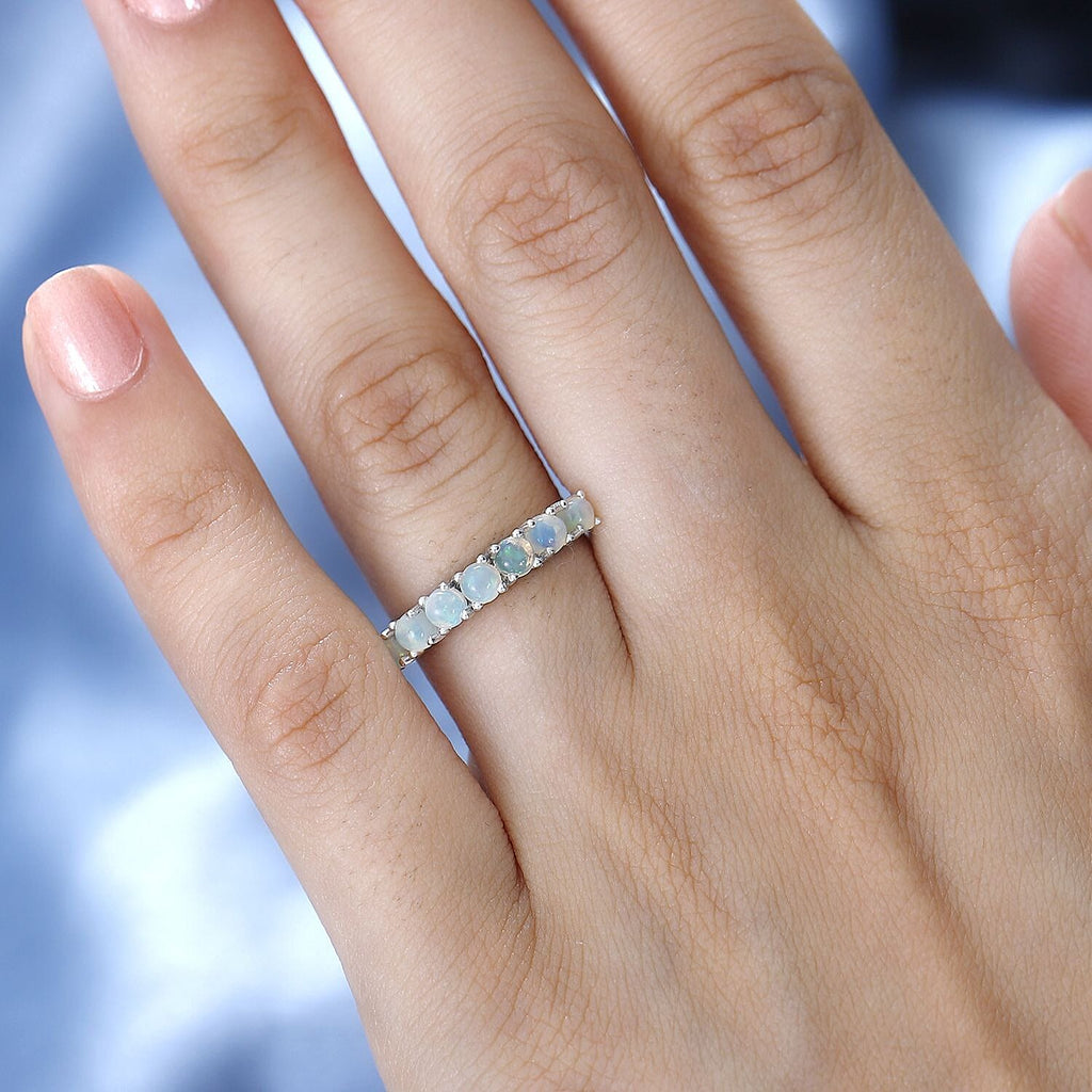 Ethiopian Welo Opal 7 Stone Ring in Platinum Overlay Sterling Silver