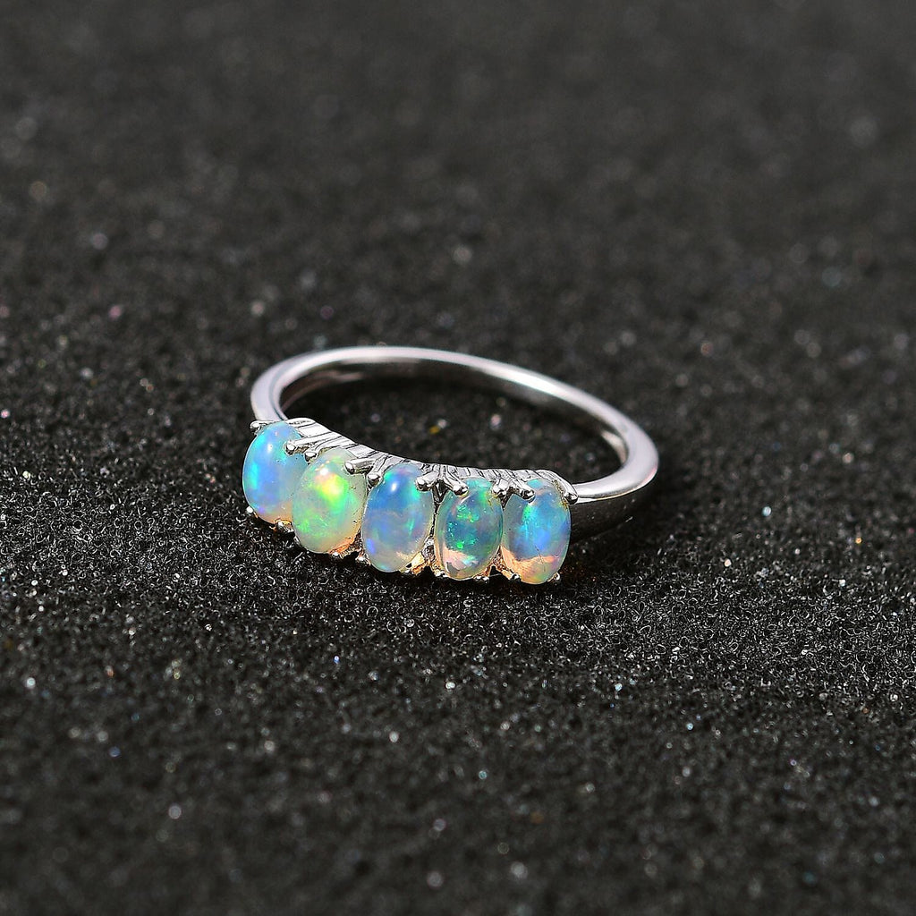 Ethiopian Welo Opal  5 Stone Ring in Platinum Overlay Sterling Silver