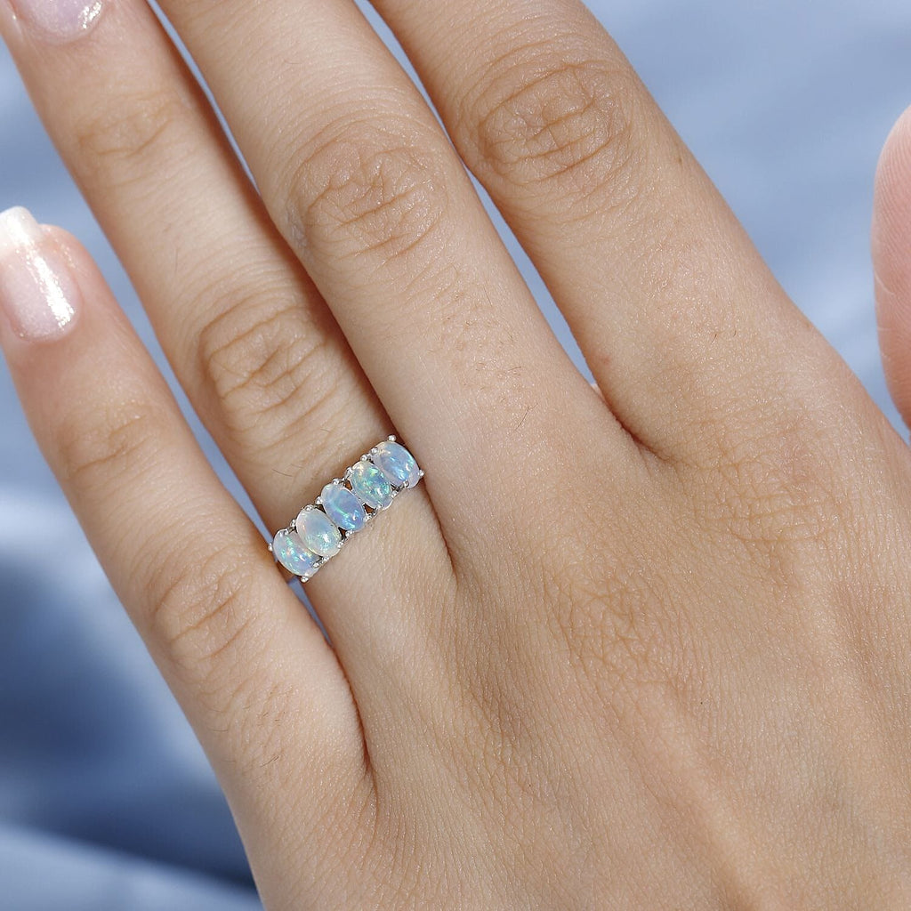 Ethiopian Welo Opal  5 Stone Ring in Platinum Overlay Sterling Silver