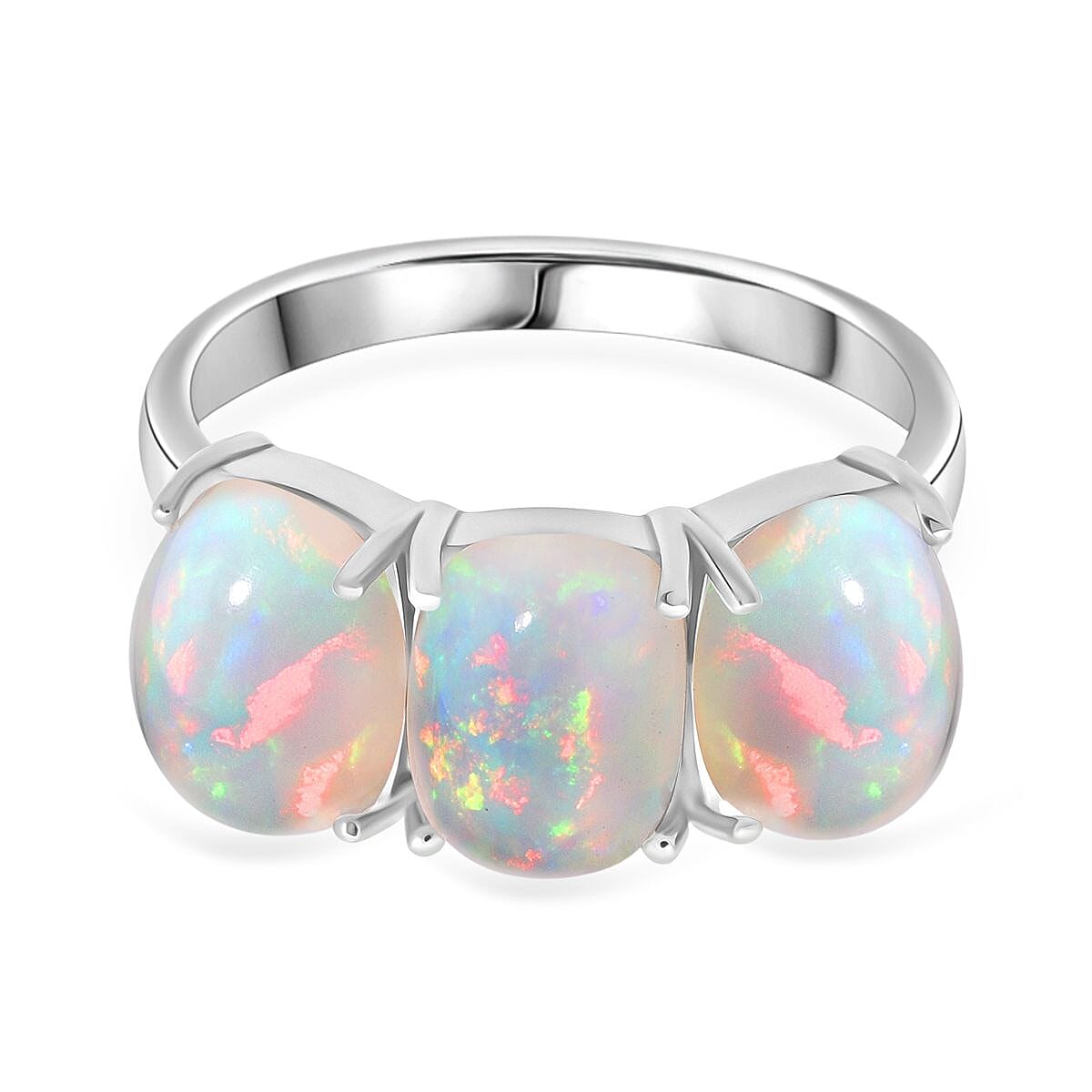 Premium Ethiopian Opal Trilogy Ring in Rhodium Overlay Sterling Silver 4.35 Ct. V32521968 0