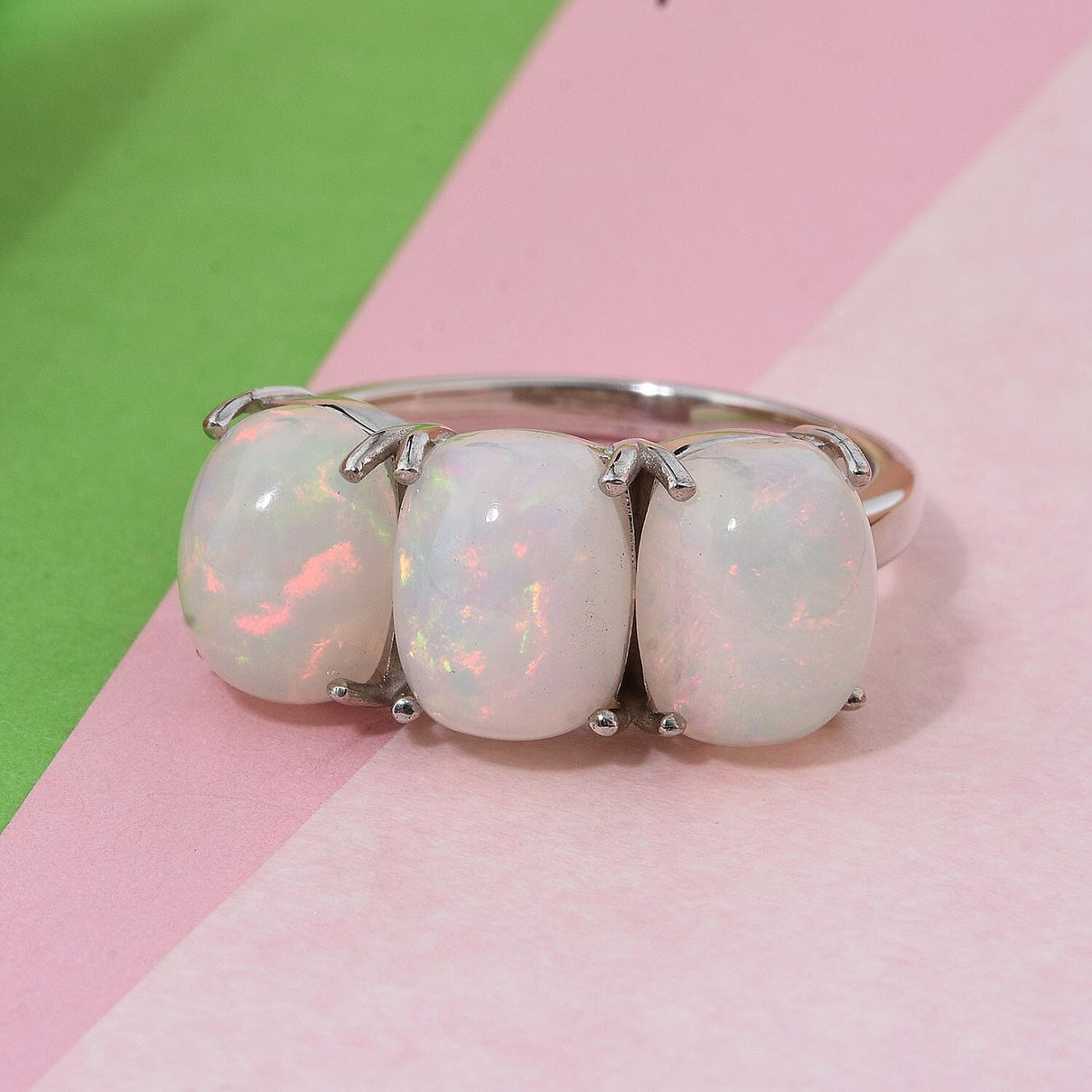 Premium Ethiopian Opal Trilogy Ring in Rhodium Overlay Sterling Silver 4.35 Ct. V32521968 1