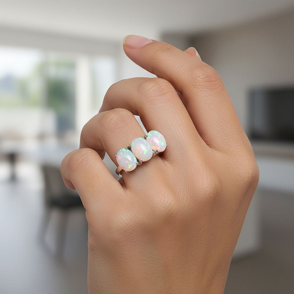 Premium Ethiopian Opal Trilogy Ring in Rhodium Overlay Sterling Silver 4.35 Ct. V32521968 2