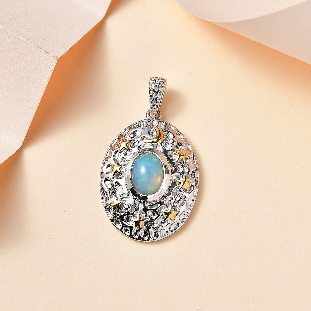 Ethiopian Opal Solitaire Pendant in Rhodium Overlay Sterling Silver 1.15 Ct.