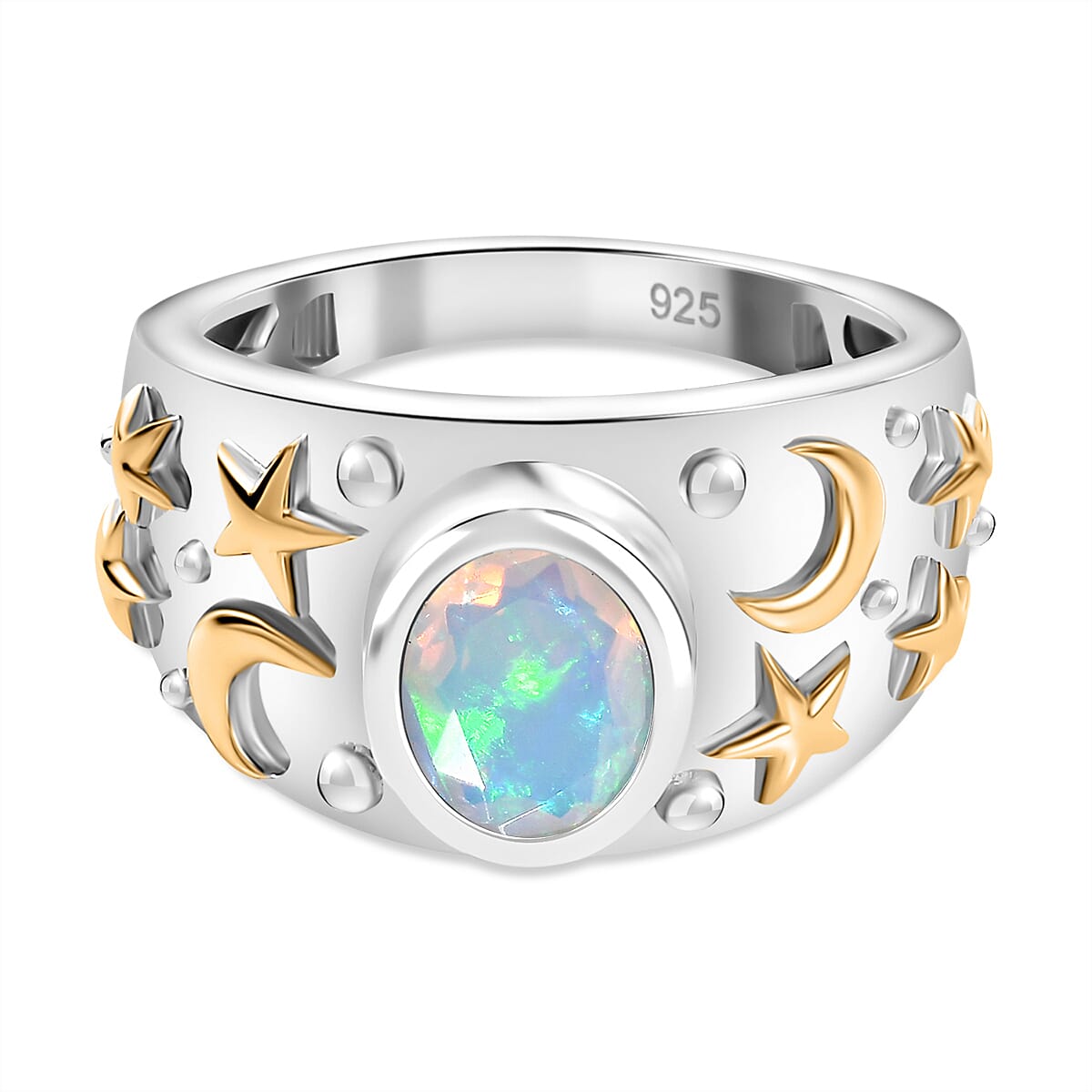 Ethiopian Opal Solitaire Moon Star Ring 18K Vermeil Yellow Gold and Rhodium Plated Sterling Silver 7933451 0