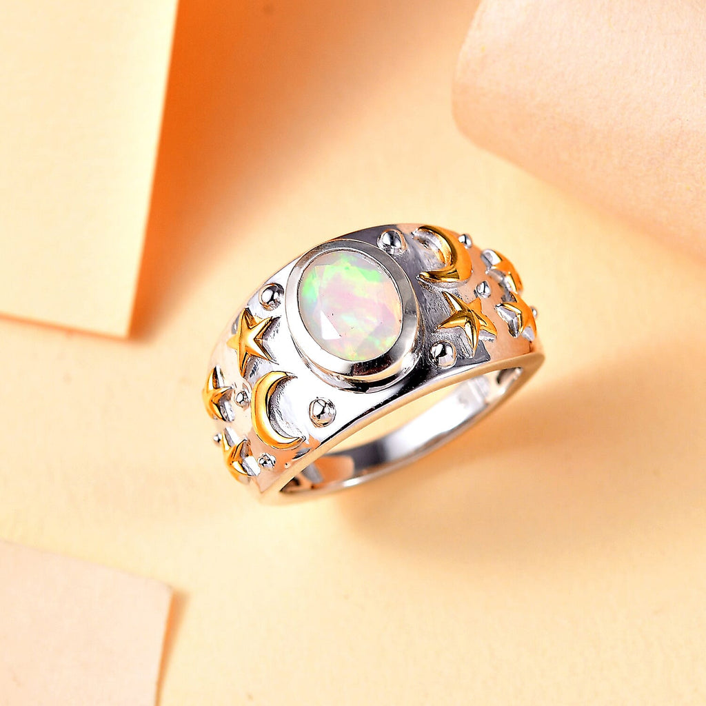 Ethiopian Opal Solitaire Ring 18K Vermeil Yellow Gold Plated & Rhodium