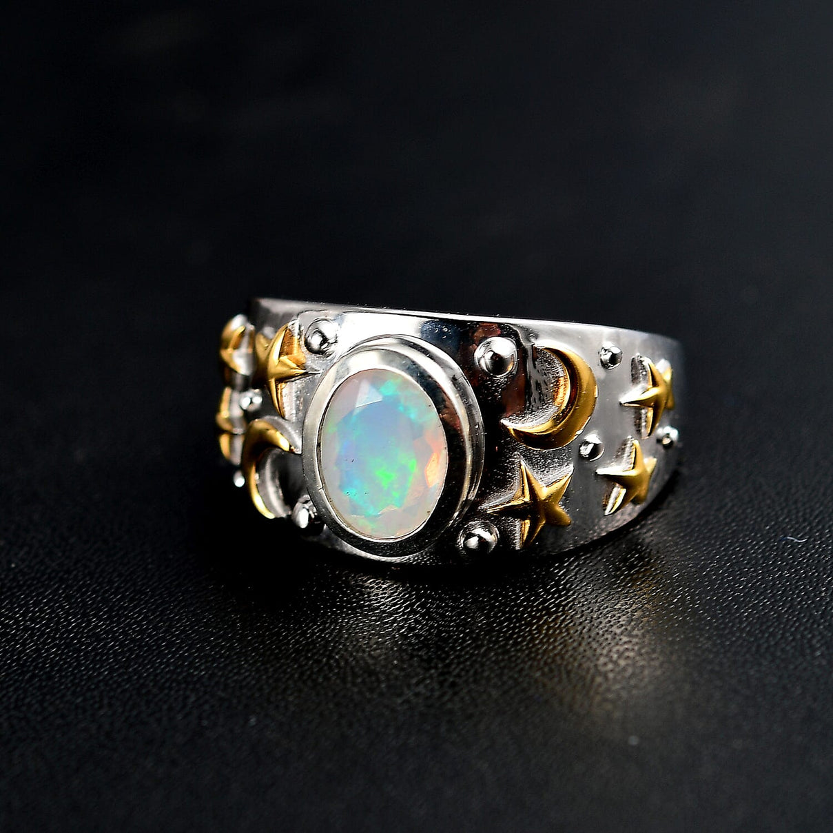 Ethiopian Opal Solitaire Moon Star Ring 18K Vermeil Yellow Gold and Rhodium Plated Sterling Silver 7933451 2