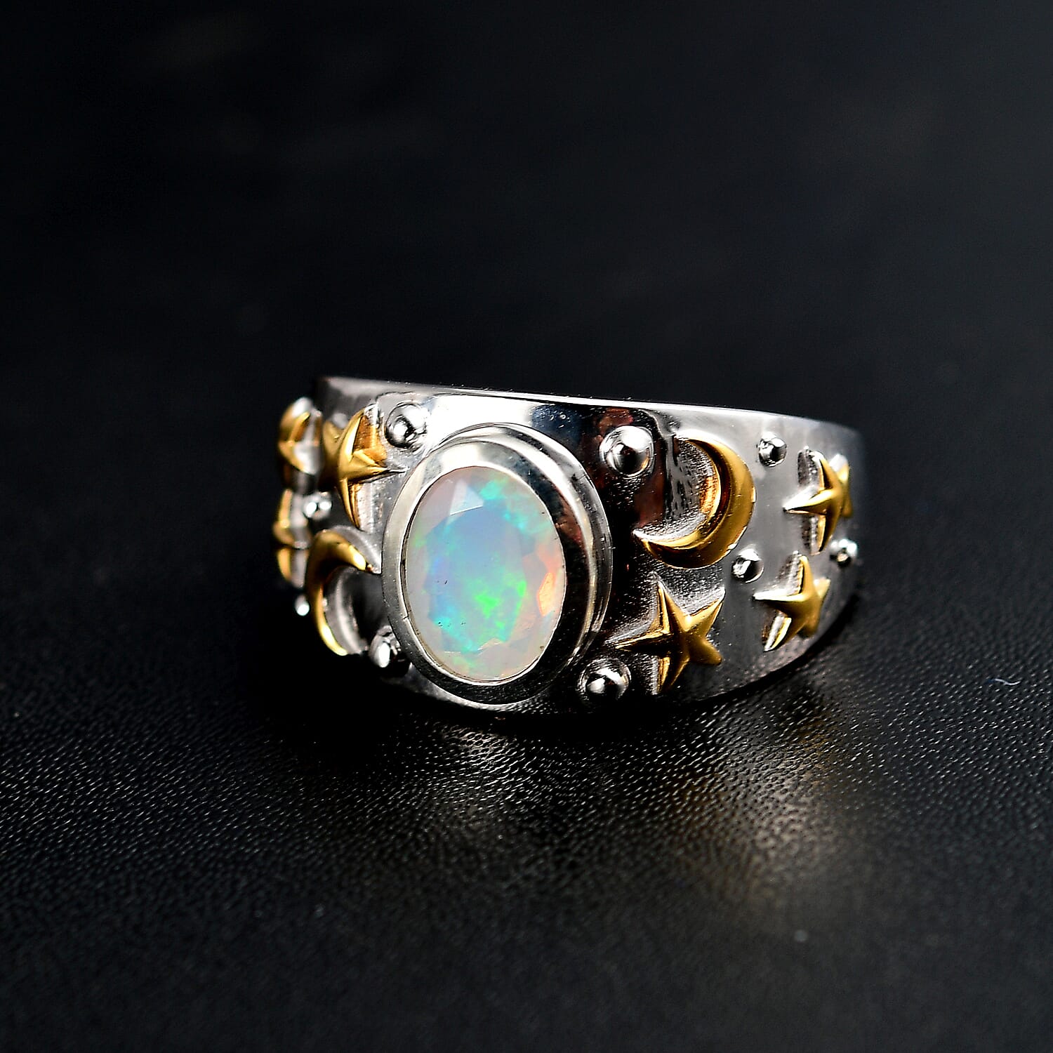 Ethiopian Opal Solitaire Moon Star Ring 18K Vermeil Yellow Gold and Rhodium Plated Sterling Silver 7933451 2