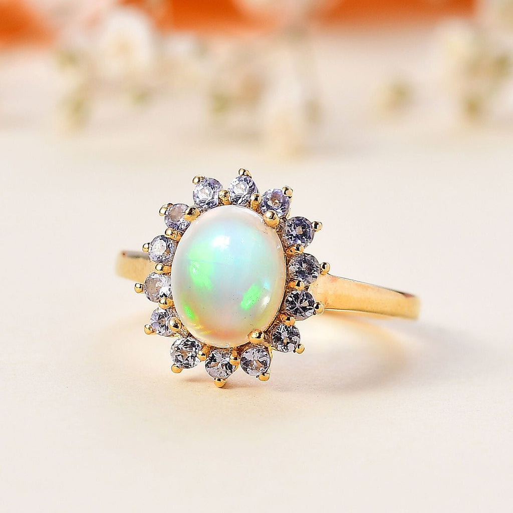 Ethiopian Opal ,  Tanzanite  Main Stone With Side Stone Ring in Vermeil YG Sterling Silver 1.71 ct  1.805  Ct.