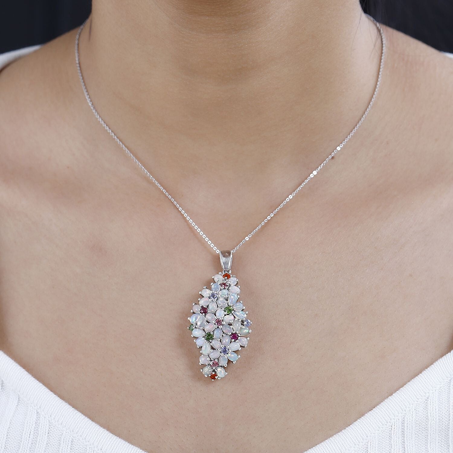 Ethiopian Welo Opal &amp; Muti Gemstone Cluster Pendant With Chain (Size 20) in Platinum Overlay Sterling Silver 5.20 Ct 4248059 2