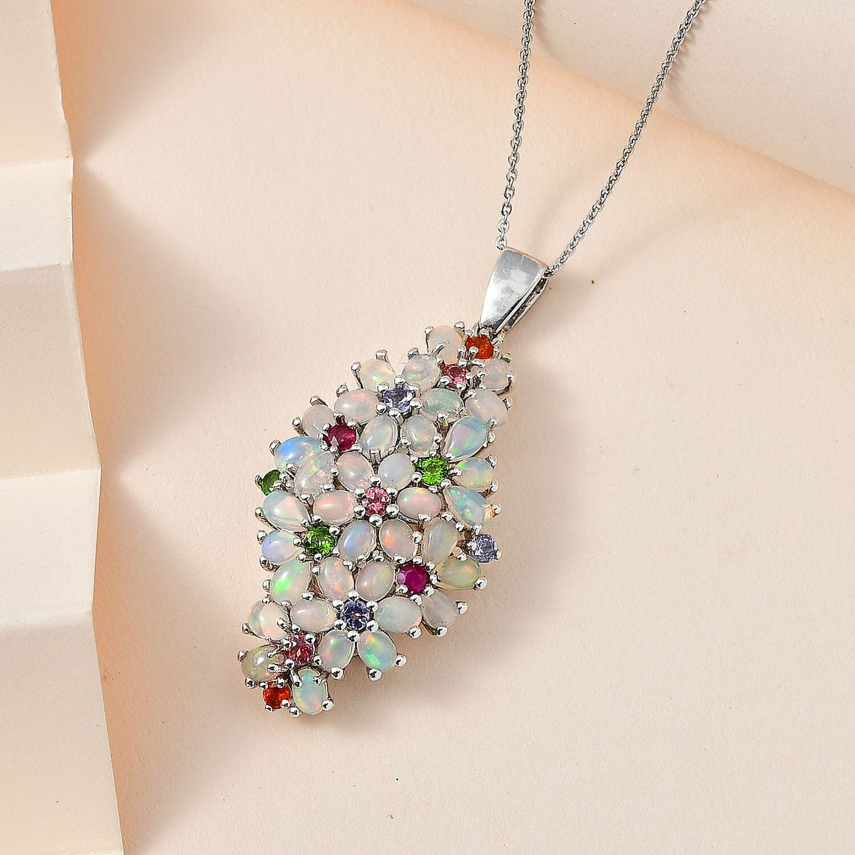 Ethiopian Welo Opal &amp; Muti Gemstone Cluster Pendant With Chain (Size 20) in Platinum Overlay Sterling Silver 5.20 Ct 4248059 3