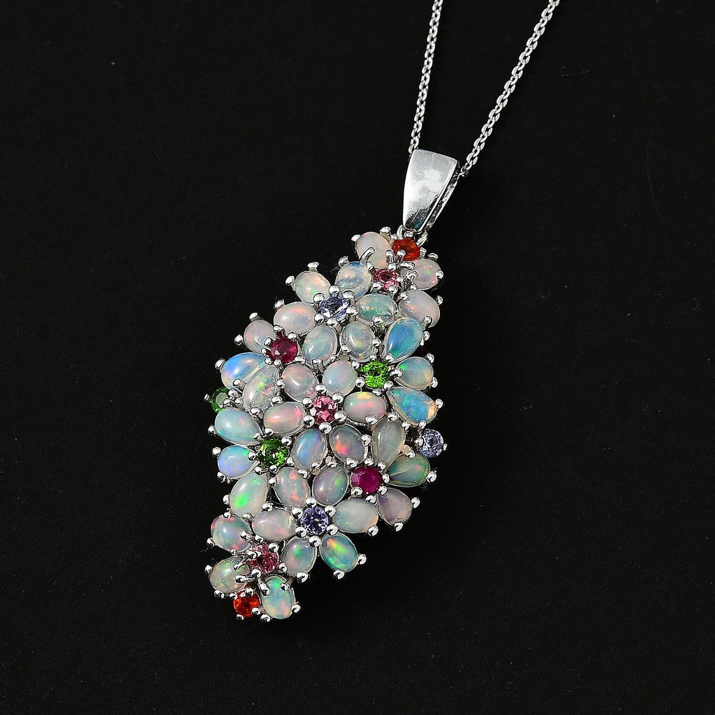 Ethiopian Welo Opal & Muti Gemstone Cluster Pendant With Chain (Size 20) in Platinum Overlay Sterling Silver 5.20 Ct