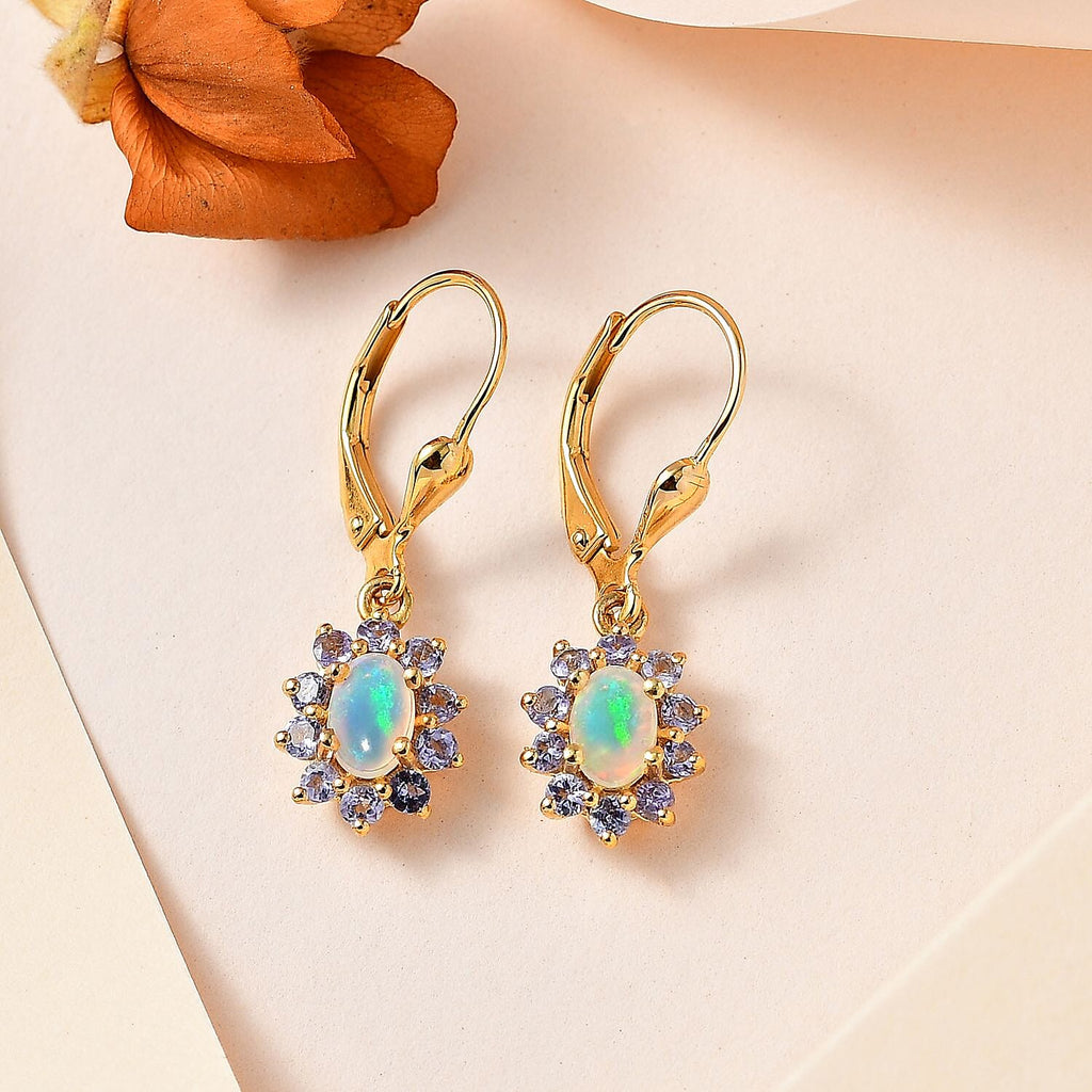 Ethiopian Opal ,  Tanzanite  Solitaire Lever Back Earring in Vermeil YG Sterling Silver 1.50 ct  1.338  Ct.