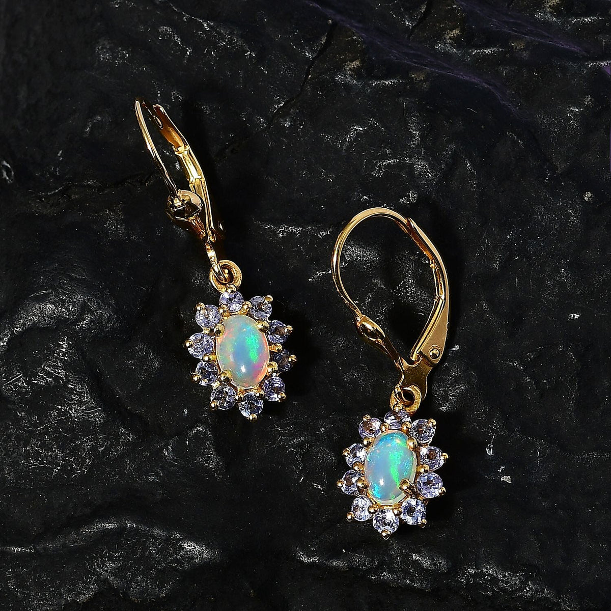 Ethiopian Opal , Tanzanite Solitaire Lever Back Earring in Vermeil Yellow Gold Sterling Silver 7749373 2