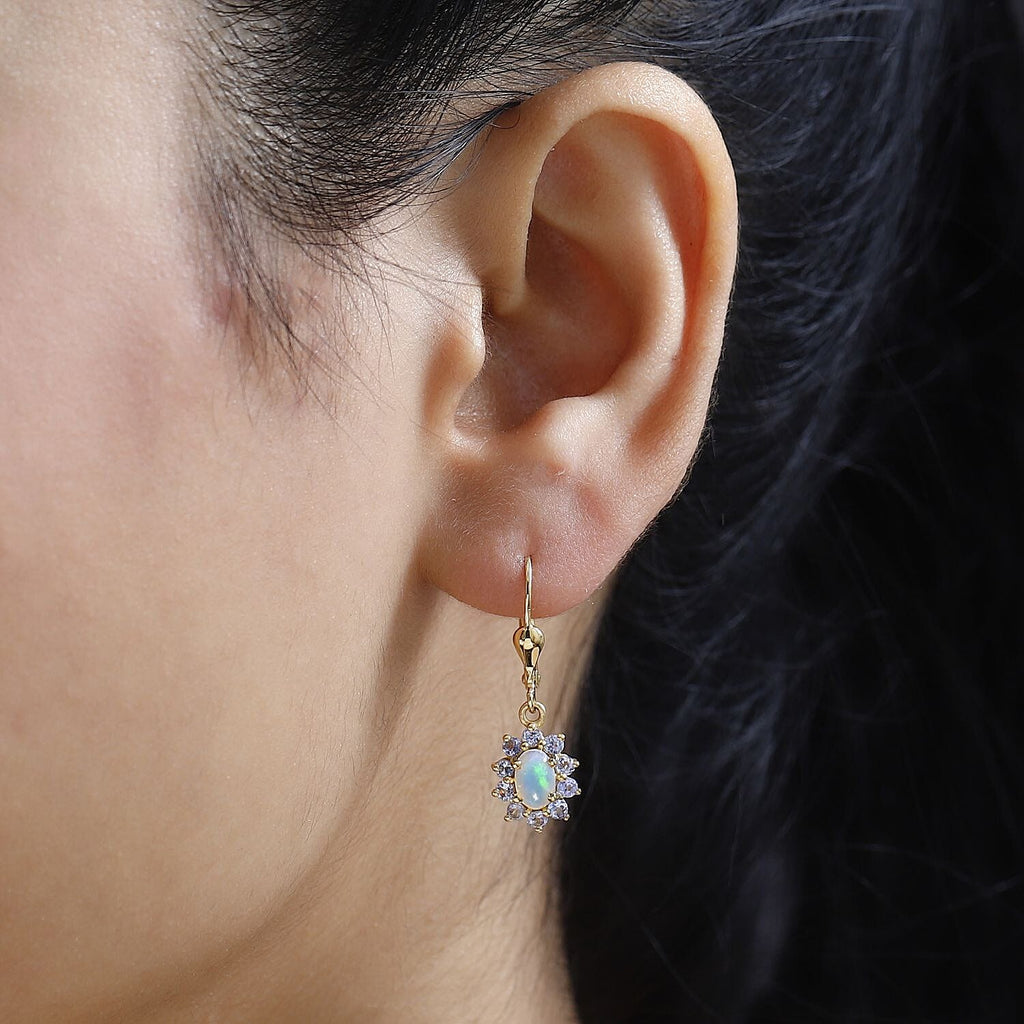 Ethiopian Opal ,  Tanzanite  Solitaire Lever Back Earring in Vermeil YG Sterling Silver 1.50 ct  1.338  Ct.