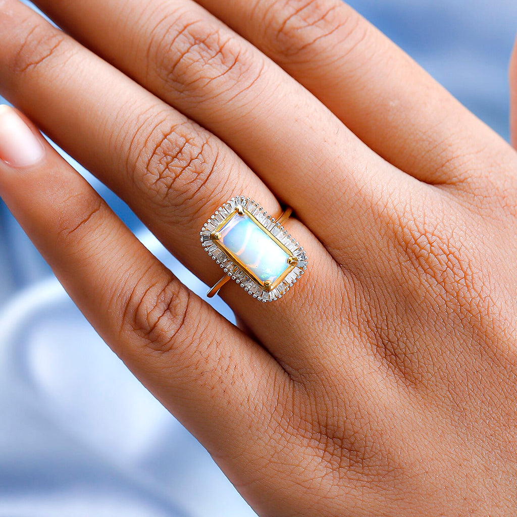 Ethiopian Welo Opal and Diamond Halo Ring in 18K Vermeil Yellow Gold Plated Sterling Silver 2.09 Ct.