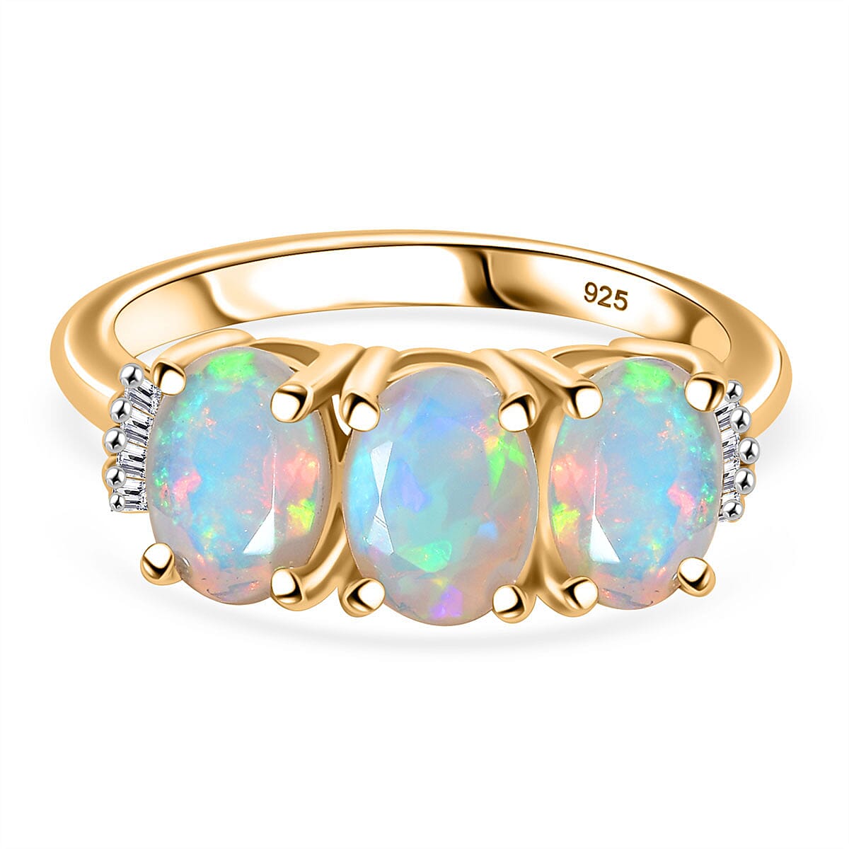Ethiopian Opal, White Diamond 3-Stone Ring in 18K Vermeil Yellow Gold Plated Sterling Silver 7928161 0