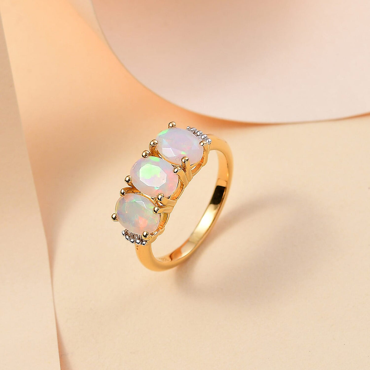 Ethiopian Opal, White Diamond 3-Stone Ring in 18K Vermeil Yellow Gold Plated Sterling Silver 7928161 1