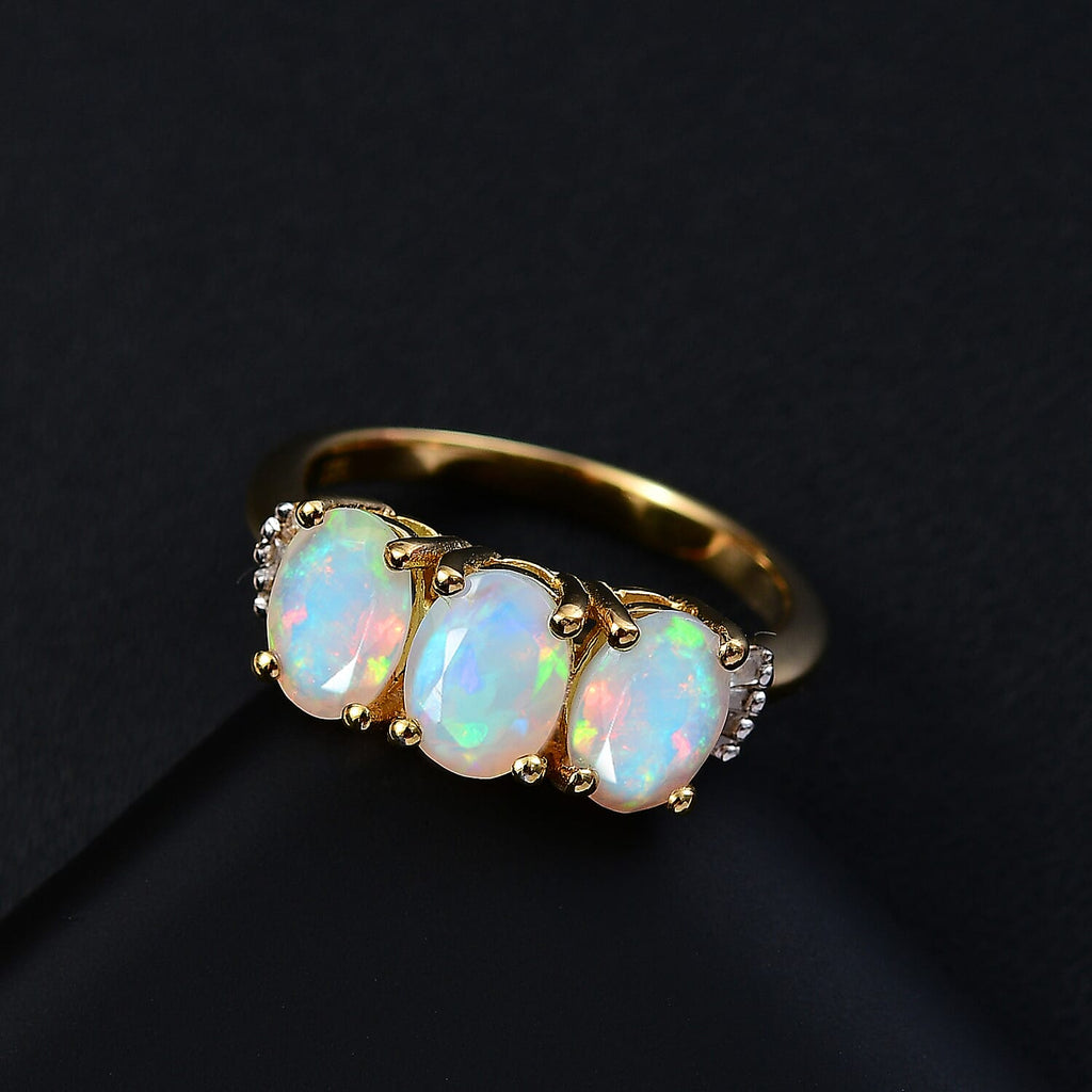 Ethiopian Opal & White Diamond Ring in 18K Vermeil Yellow Gold Plated 1.58 Ct.