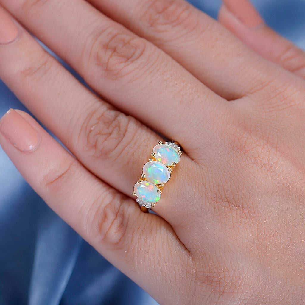 Ethiopian Opal & White Diamond Ring in 18K Vermeil Yellow Gold Plated 1.58 Ct.