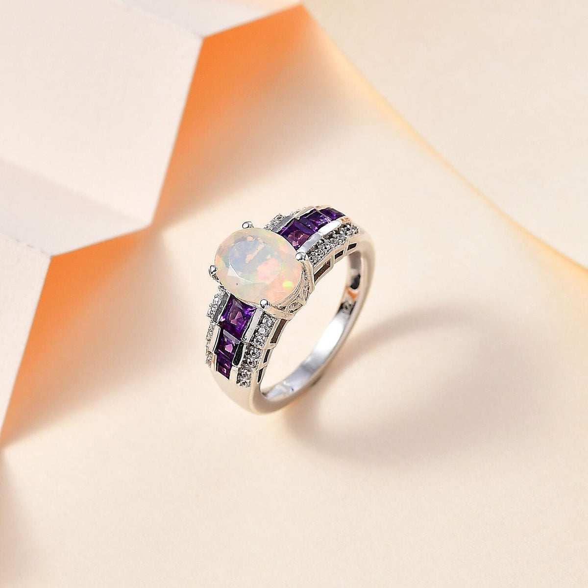 Ethiopian Welo Opal, Natural Zircon &amp; Amethyst Half-Eternity Ring in Platinum Overlay Sterling Silver 1.80 Ct 7774006 1