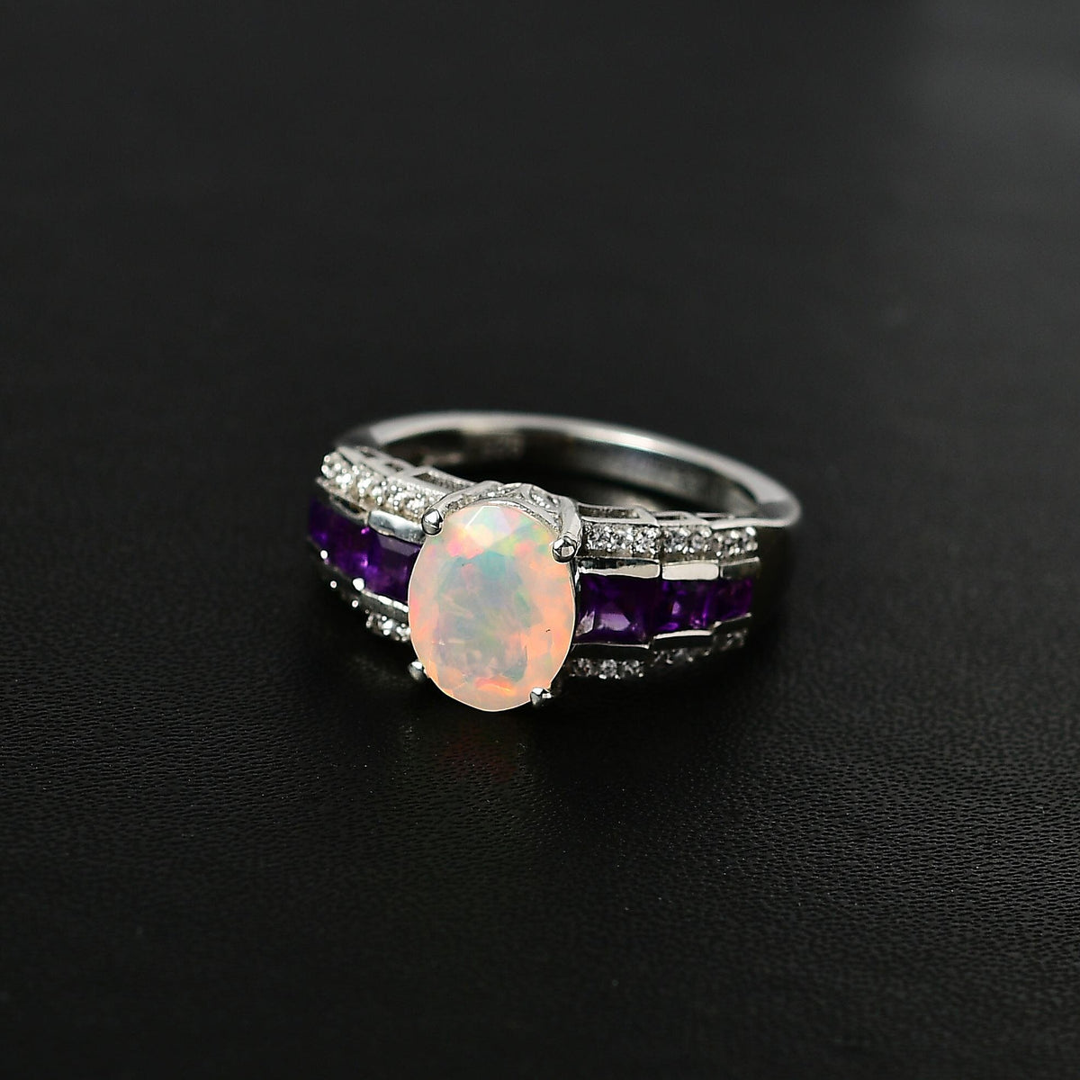 Ethiopian Welo Opal, Natural Zircon &amp; Amethyst Half-Eternity Ring in Platinum Overlay Sterling Silver 1.80 Ct 7774006 2