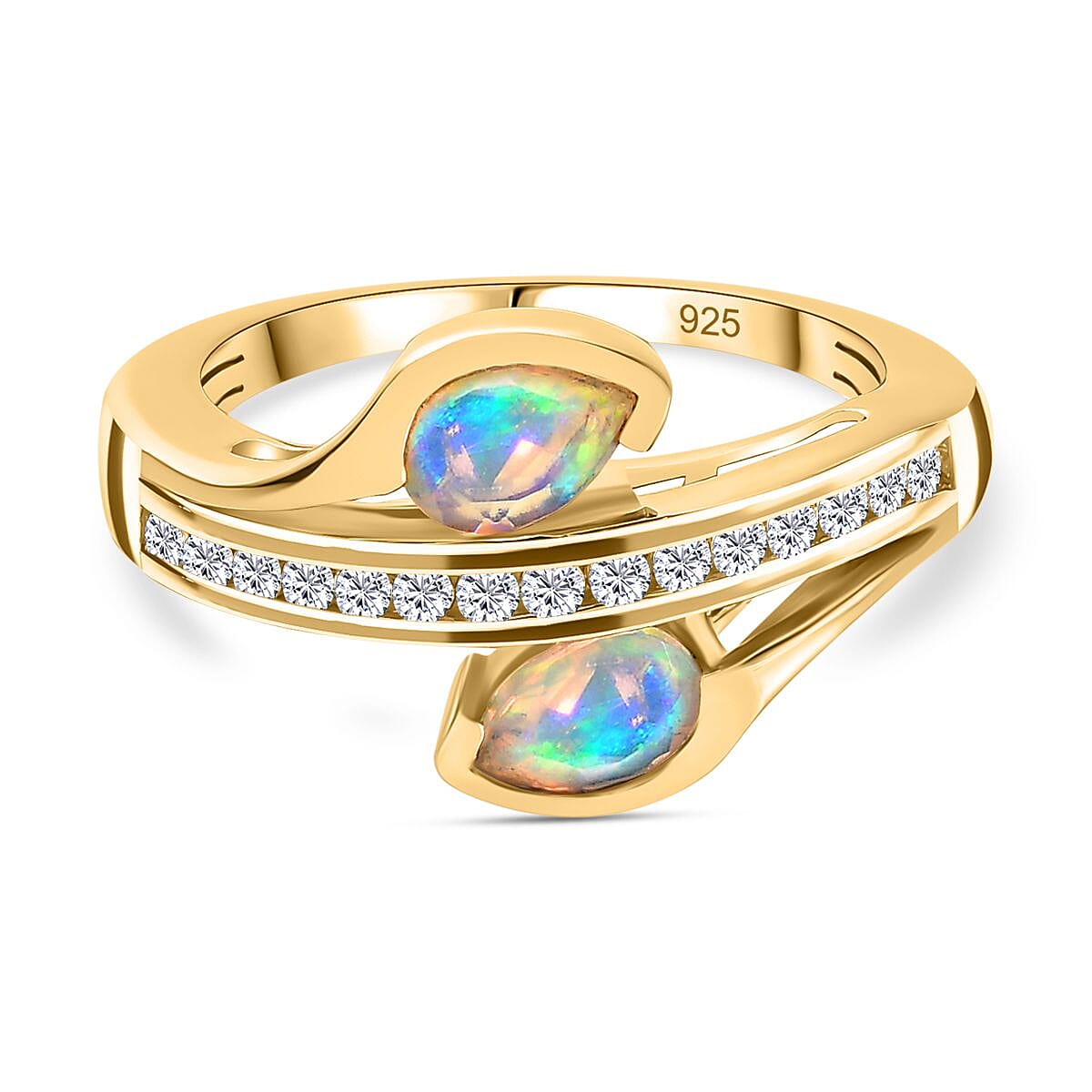 Ethiopian Welo Opal &amp; Natural Zircon Bypass Ring in 18K Yellow Gold Vermeil Plated Sterling Silver 7722844 0