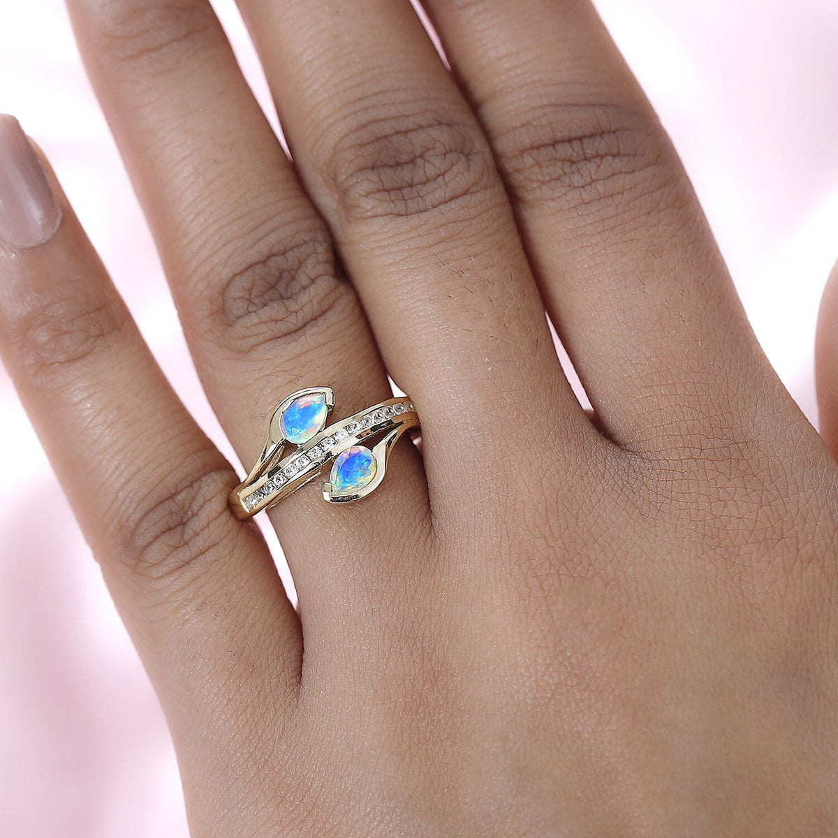Ethiopian Welo Opal &amp; Natural Zircon Bypass Ring in 18K Yellow Gold Vermeil Plated Sterling Silver 7722844 2