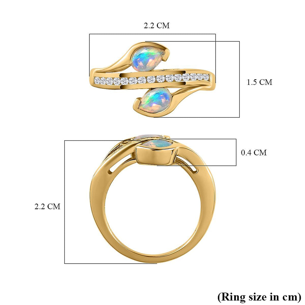 Ethiopian Welo Opal & Natural Zircon Bypass Ring in 18K Yellow Gold Vermeil Plated Sterling Silver