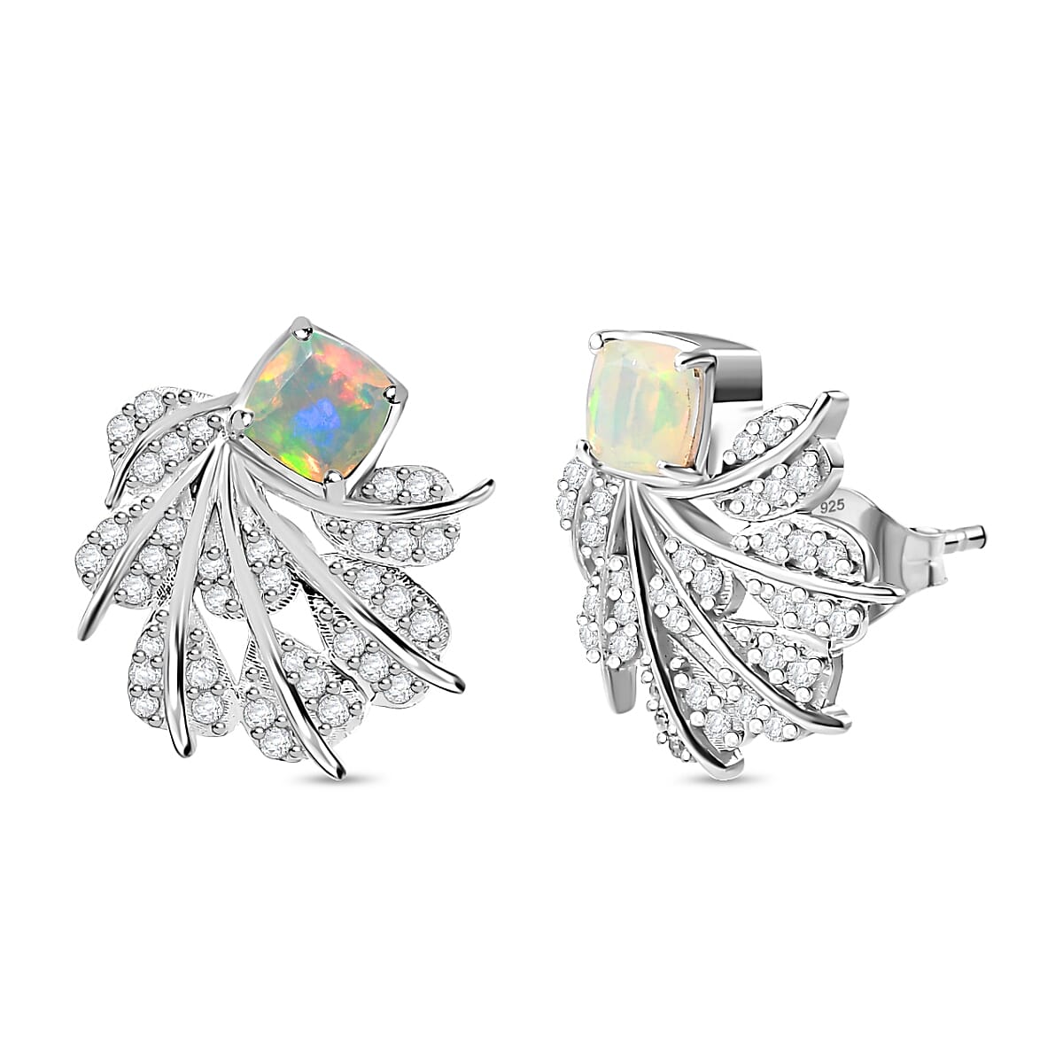 Ethiopian Opal, White Zircon Cluster Earrings With Push Back in Rhodium Overlay Sterling Silver 1.48 Ct. 7934477 0