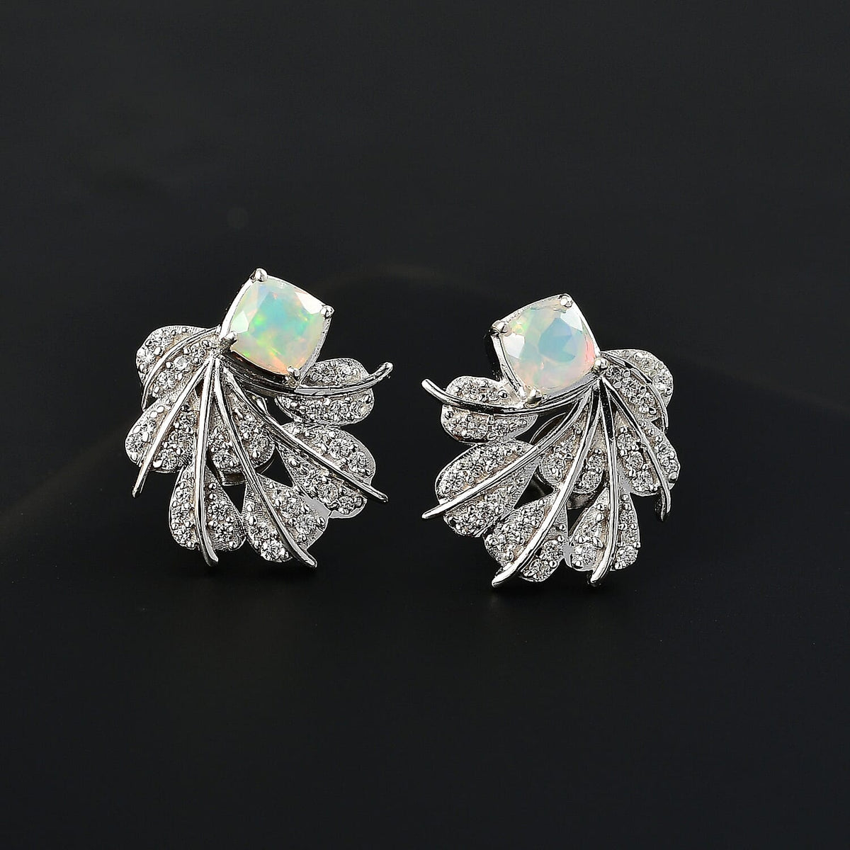 Ethiopian Opal, White Zircon Cluster Earrings With Push Back in Rhodium Overlay Sterling Silver 1.48 Ct. 7934477 1